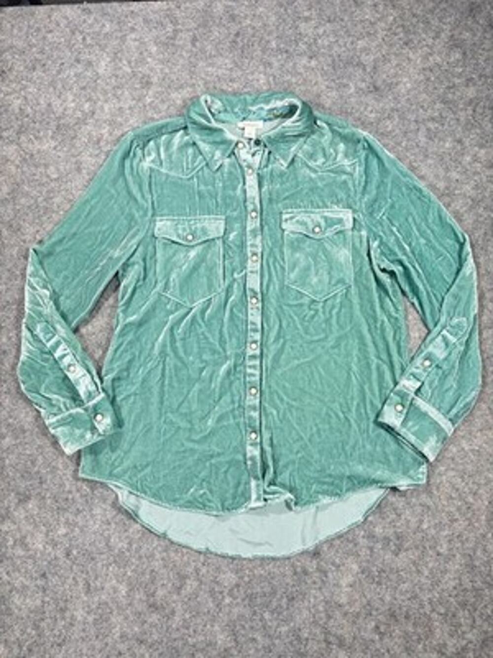Sundance Shirt Womens S Green Velvet Snap Front Silk Blend Long Sleeve Top